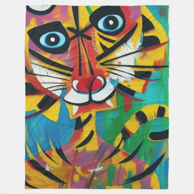 TIGER TANGO Whimsical Untamed Jungle Cat Painting Fleece Blanket (Front)