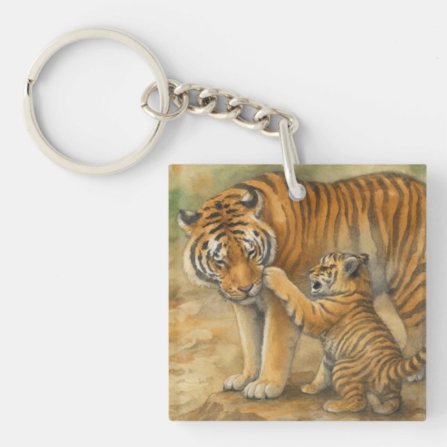 Tiger Tenderness - Parent and Cub in Forest Keychain (Front)