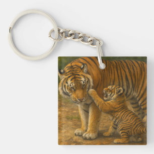 Tiger Tenderness - Parent and Cub in Forest Keychain