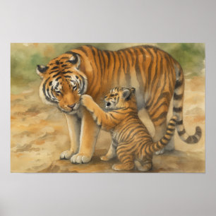 Tiger Tenderness - Parent and Cub in Forest Settin Poster