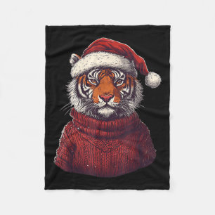 Tiger Ugly Sweater Santa Hat Christmas  Fleece Blanket