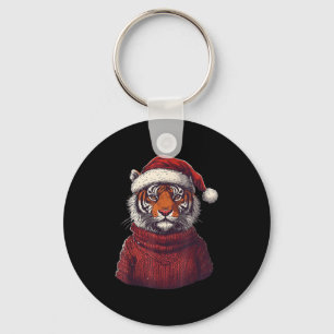 Tiger Ugly Sweater Santa Hat Christmas  Keychain