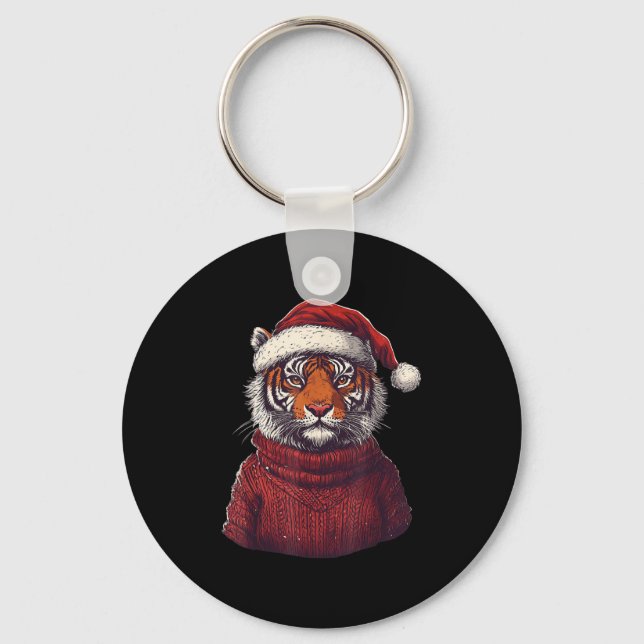 Tiger Ugly Sweater Santa Hat Christmas  Keychain (Front)