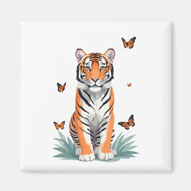 Tiger Vector Painting Adorable Fun Animal Playing  Magnet (Front)