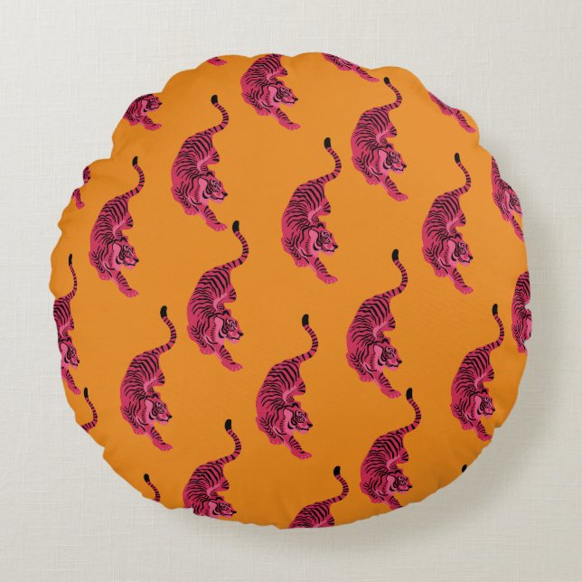 Tiger - Vibrant Pink Round Pillow (Front)