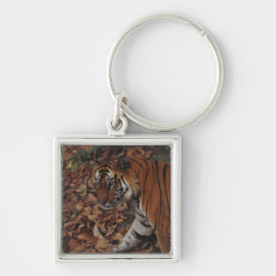 Tiger Walking on Dead Leaves Keychain
