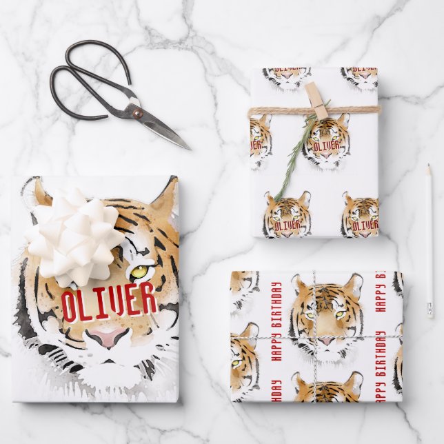 Tiger Watercolor Animal Happy Birthday  Wrapping Paper Sheet (Front)