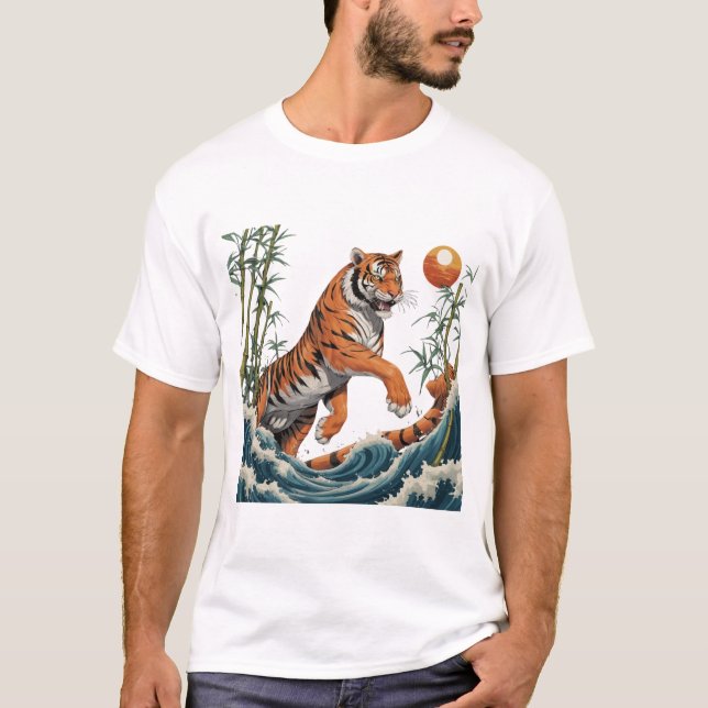Tiger Wave Art - Ukiyo-e Bamboo Sunset Design T-Shirt (Front)