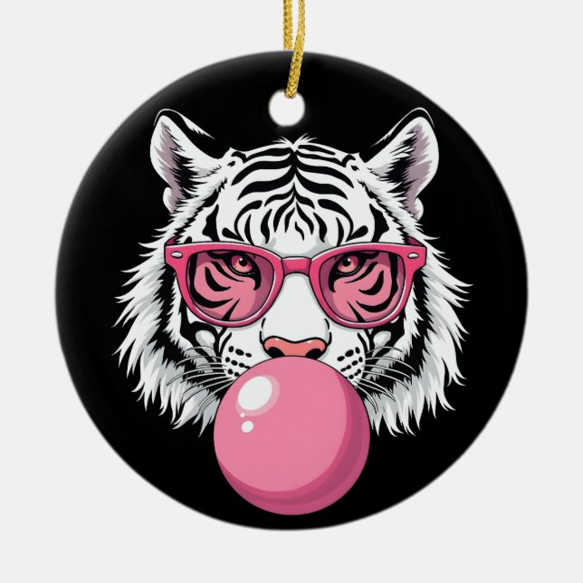 Tiger Wearing Glasses and Blowing Pink Bubble Gum Ceramic Ornament (Front)