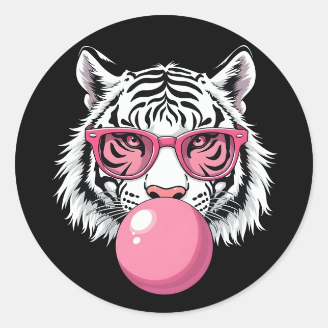 Tiger Wearing Glasses and Blowing Pink Bubble Gum Classic Round Sticker (Front)