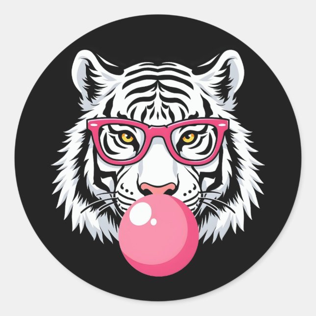 Tiger Wearing Glasses and Blowing Pink Bubble Gum Classic Round Sticker (Front)