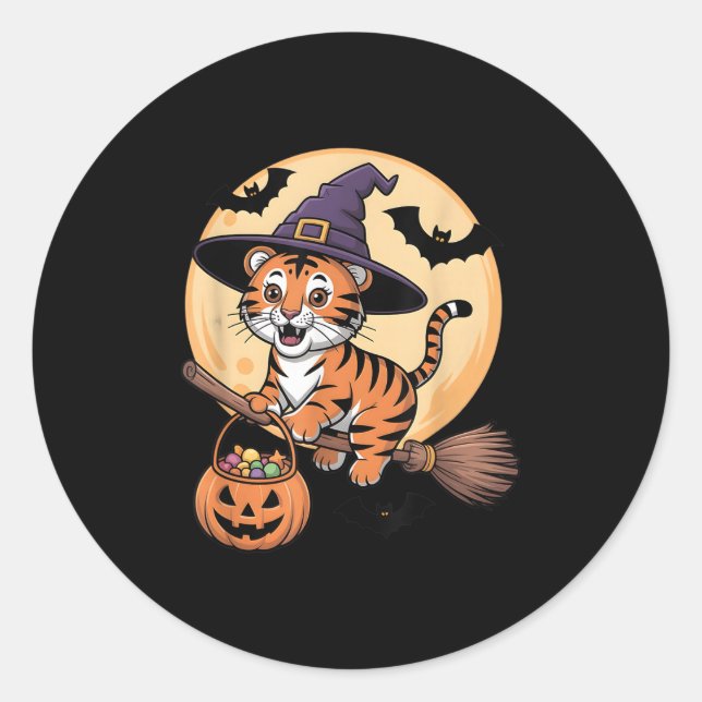 Tiger Witch Hat Pumpkin Halloween Costume Men Wome Classic Round Sticker (Front)