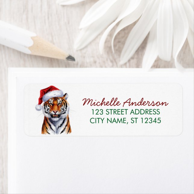 tiger with a Santa hat Christmas Return Address (En situation)