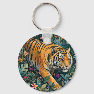 Tiger with Amber Eyes Fantasy Jungle Foliage Keychain