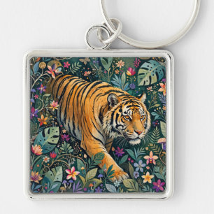 Tiger with Amber Eyes Fantasy Jungle Foliage Keychain