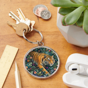 Tiger with Amber Eyes Fantasy Jungle Foliage Keychain