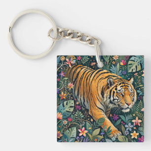 Tiger with Amber Eyes Fantasy Jungle Foliage Keychain