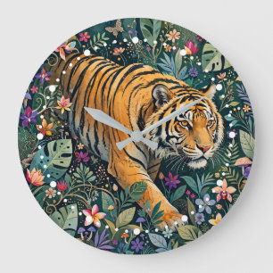 Tiger with Amber Eyes Fantasy Jungle Foliage Large Clock