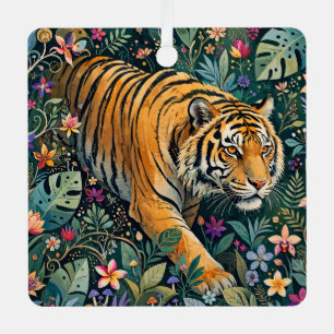 Tiger with Amber Eyes Fantasy Jungle Foliage Metal Ornament