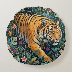 Tiger with Amber Eyes Fantasy Jungle Foliage Round Pillow