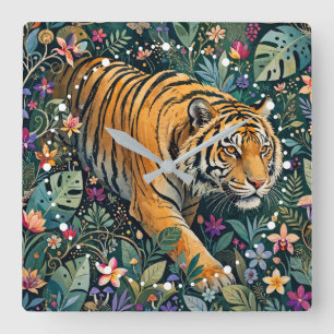 Tiger with Amber Eyes Fantasy Jungle Foliage Square Wall Clock