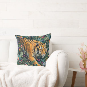 Tiger with Amber Eyes Fantasy Jungle Foliage Throw Pillow