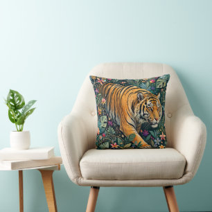Tiger with Amber Eyes Fantasy Jungle Foliage Throw Pillow