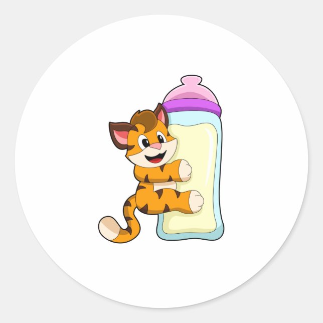 Tiger with Baby bottle of Milk Classic Round Sticker (Front)