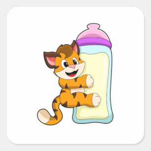 Tiger with Baby bottle of Milk Square Sticker