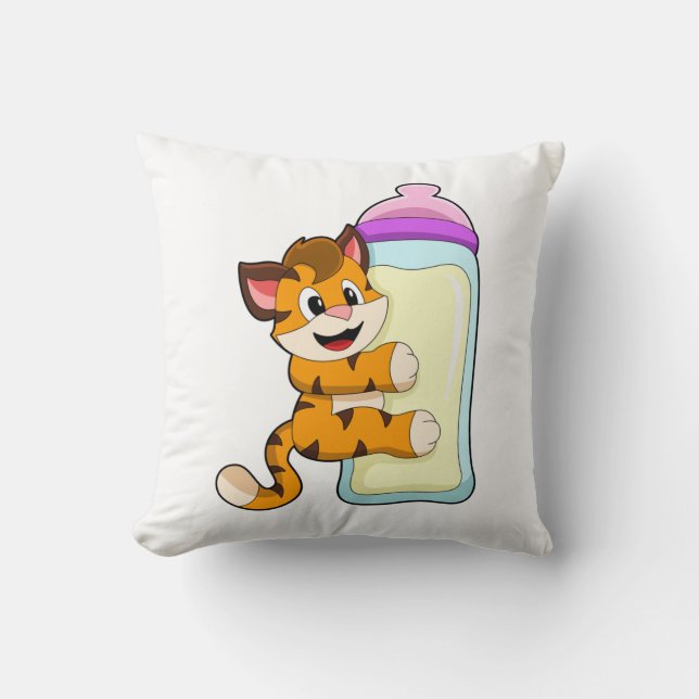 Tiger with Baby bottle of Milk Throw Pillow (Front)