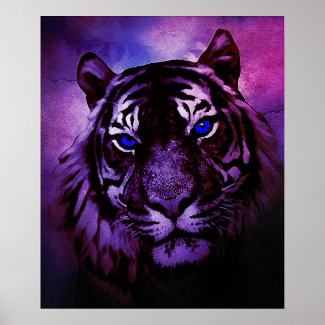 Tiger with Blue Eyes on Purple Background Poster (Front)