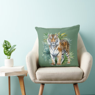Tiger with Leaves Throw Pillow