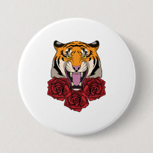 Tiger with Roses 3 Inch Round Button