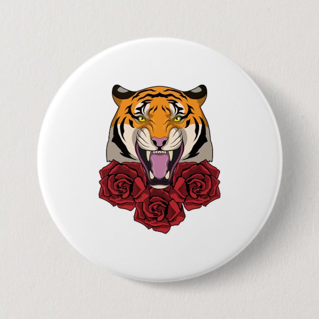 Tiger with Roses 3 Inch Round Button (Front)