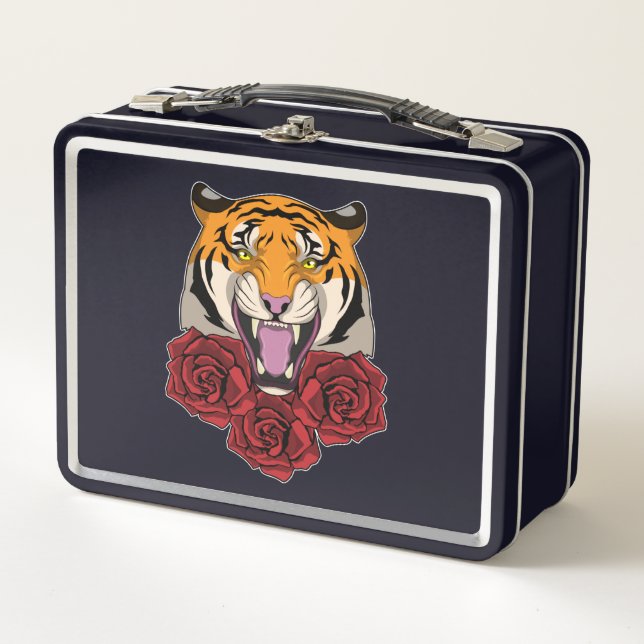 Tiger with Roses Metal Lunch Box (Front)