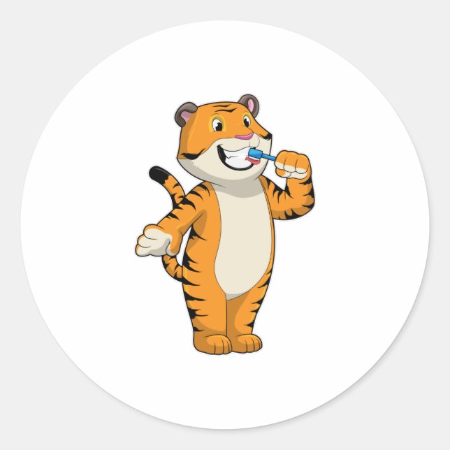 Tiger with Toothbrush Classic Round Sticker (Front)