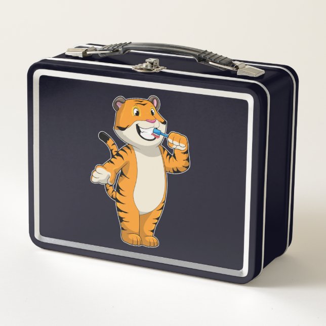 Tiger with Toothbrush Metal Lunch Box (Front)