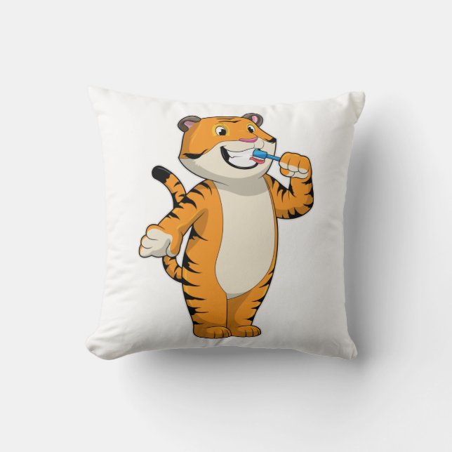 Tiger with Toothbrush Throw Pillow (Front)