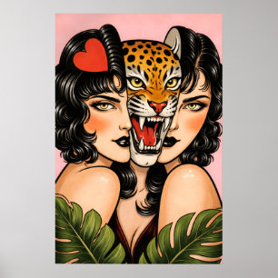Tiger Woman Poster, Retro Tattoo Style Wall Art
