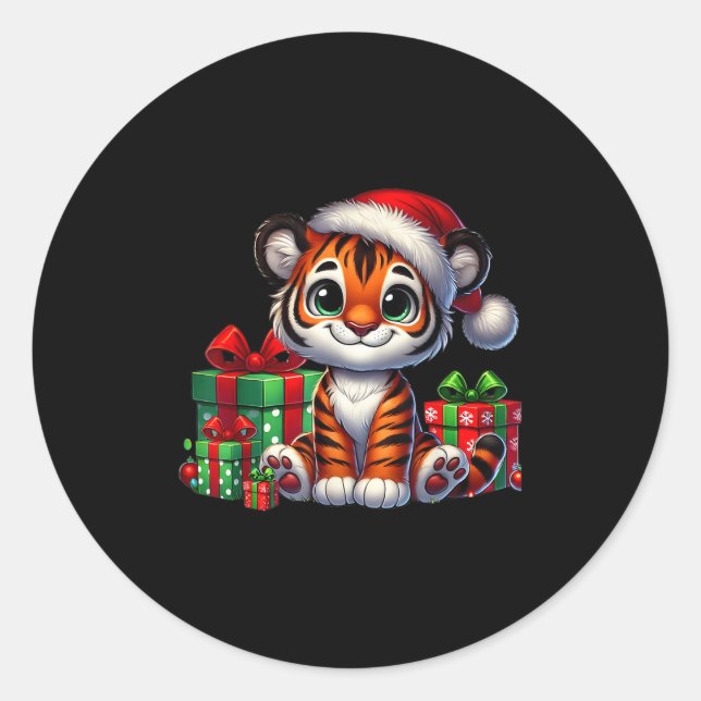 Tiger Xmas Lighting Santa Hat Tiger Christmas  Classic Round Sticker (Front)