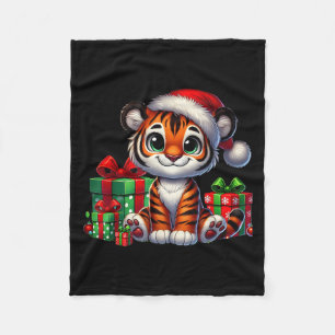 Tiger Xmas Lighting Santa Hat Tiger Christmas Fleece Blanket