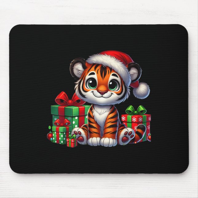 Tiger Xmas Lighting Santa Hat Tiger Christmas  Mouse Pad (Front)