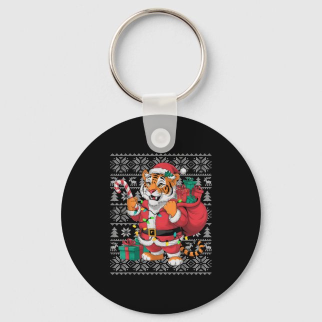 Tiger Xmas Sweater Style Ugly Santa Bengal Tiger C Keychain (Front)
