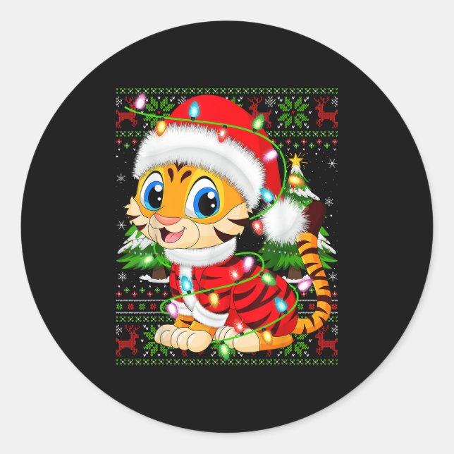 Tiger Xmas Sweater Style Ugly Santa Tiger Christma Classic Round Sticker (Front)