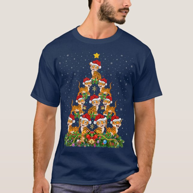 Tiger Xmas Tree Gift Santa Hat Tiger Christmas T-Shirt (Front)