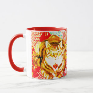 Tiger Yellow Cat Red Whimsical Background Mug