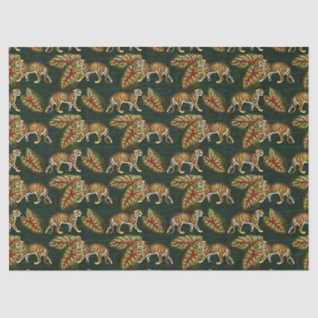 Tigers and Leaves on Green Decoupage Tissue Paper (Front)