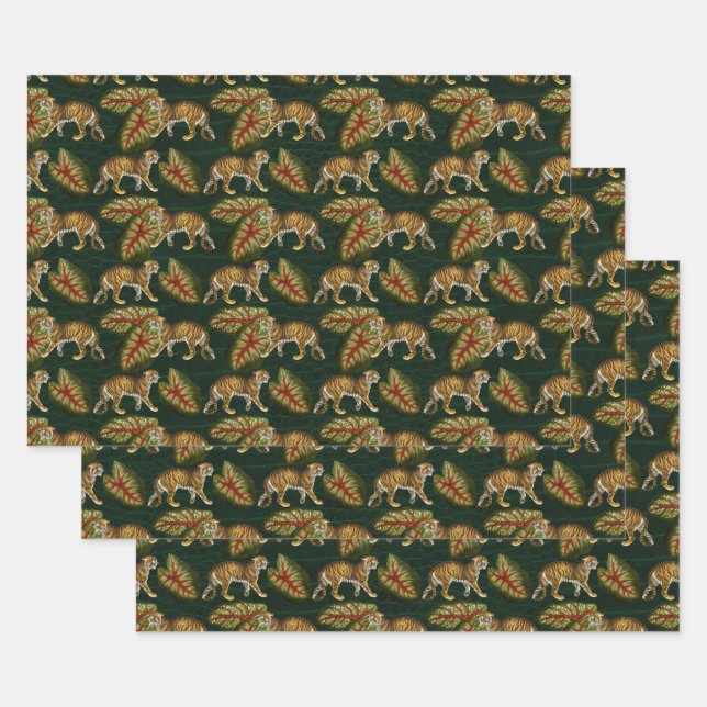 Tigers and Leaves on Green Wrapping Paper Sheet (Set)