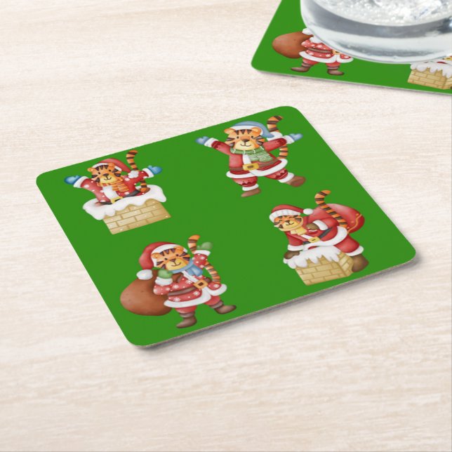 Tigers as Santa Christmas repeating pattern design Square Paper Coaster (Angled)