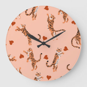 Tigers Autumn Leaves: Vintage Jumping Pattern Large Clock